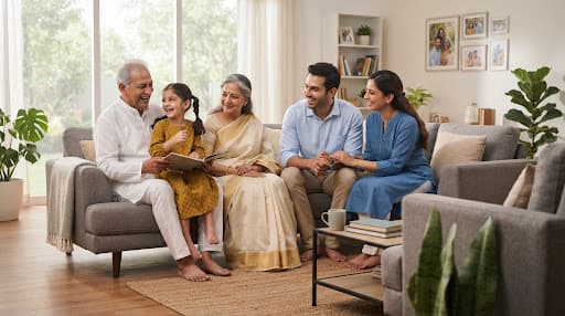 A multi-generational family spending time together at home
