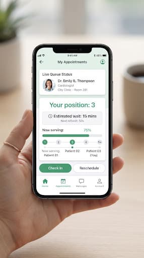 Illustration of the TryMedo patient queue experience on a phone